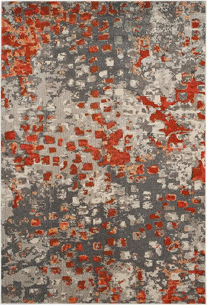 SAFAVIEH Monaco Collection Area Rug - 5'1" x 7'7", Grey & Orange, Boho Chic Abstract Watercolor Design, Non-Shedding & Easy Care, Ideal for High Traffic Areas in Living Room, Bedroom (MNC225H)