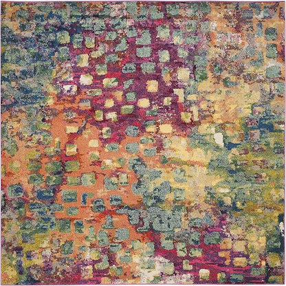 SAFAVIEH Monaco Collection Area Rug - 3' Square, Pink & Multi, Boho Chic Abstract Watercolor Design, Non-Shedding & Easy Care, Ideal for High Traffic Areas in Living Room, Bedroom (MNC225D)