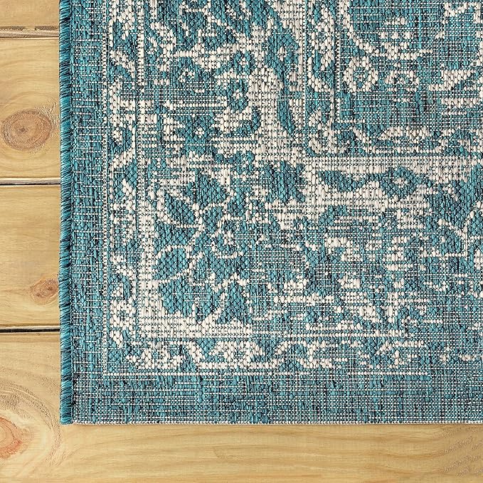 JONATHAN Y Weave Floral Indoor Outdoor Round Area Rug 8 Ft Teal/Gray, Tela Bohemian Textured for Backyard, Patio, Porch, Easy-Cleaning, High Traffic, Pet-Friendly, Non-Shedding (SMB100C-8R)