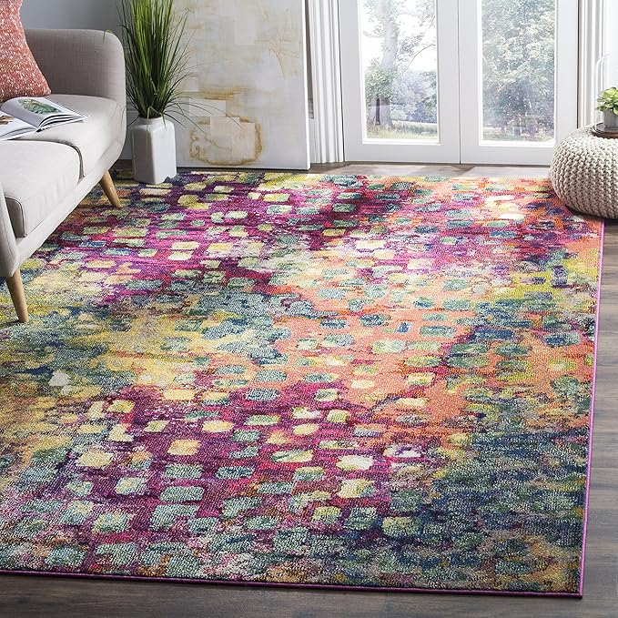 SAFAVIEH Monaco Collection Area Rug - 8'8" Square, Pink & Multi, Boho Chic Abstract Watercolor Design, Non-Shedding & Easy Care, Ideal for High Traffic Areas in Living Room, Bedroom (MNC225D)