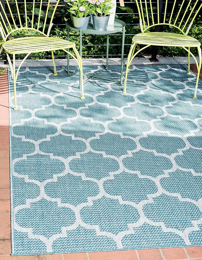 Unique Loom Outdoor Trellis Collection Area Rug (8' x 11' 4" Rectangle, Aquamarine/ Gray)
