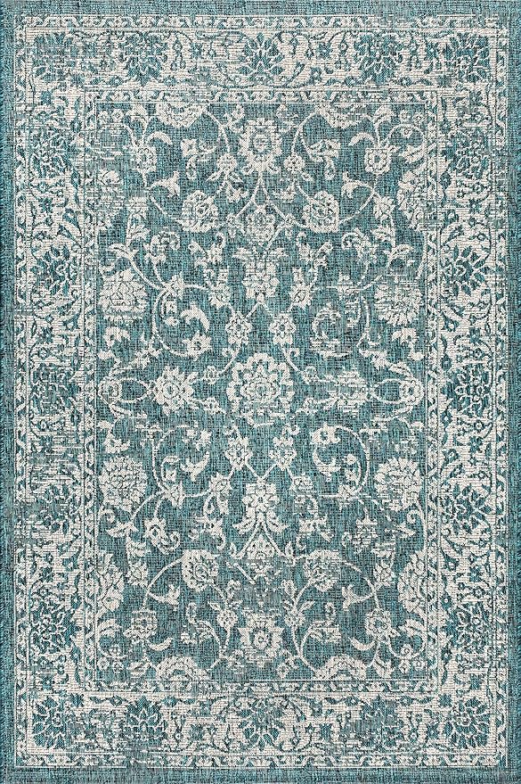 JONATHAN Y Weave Floral Indoor Outdoor Area Rug 3X5 Teal/Gray, Tela Bohemian Textured for Backyard, Patio, Porch, Easy-Cleaning, High Traffic, Pet-Friendly, Non-Shedding (SMB100C-3)