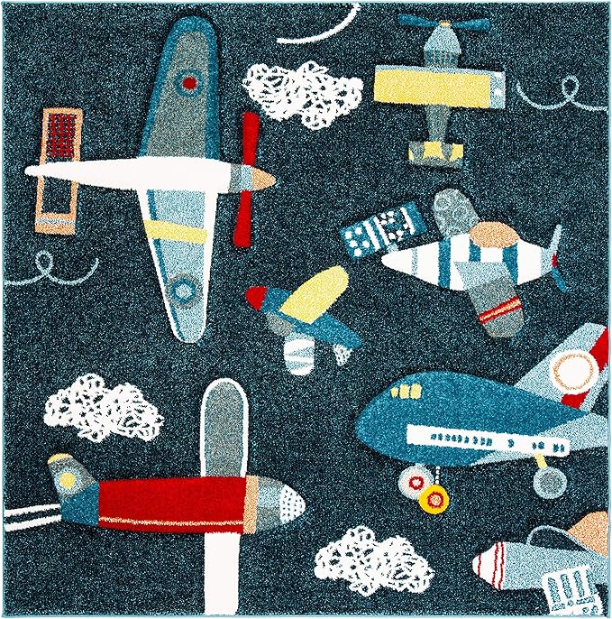 SAFAVIEH Carousel Kids Collection Area Rug - 6'7" Square, Navy & Ivory, Non-Shedding & Easy Care, Ideal for High Traffic Areas for Boys & Girls in Playroom, Nursery, Bedroom (CRK167N)