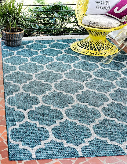 Unique Loom Outdoor Trellis Collection Area Rug (8' x 11' 4" Rectangle, Teal/ Gray)