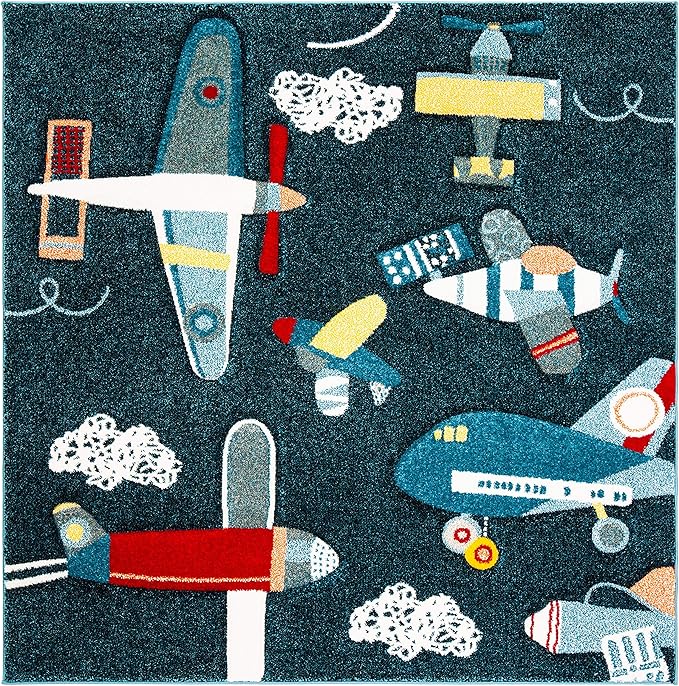 SAFAVIEH Carousel Kids Collection Area Rug - 8' Square, Navy & Ivory, Non-Shedding & Easy Care, Ideal for High Traffic Areas for Boys & Girls in Playroom, Nursery, Bedroom (CRK167N)