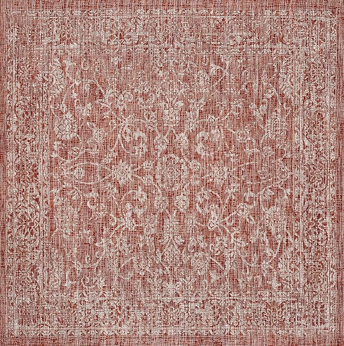 JONATHAN Y Weave Floral Indoor Outdoor Square Area Rug 5X5 Red/Taupe, Tela Bohemian Textured for Backyard, Patio, Porch, Easy-Cleaning, High Traffic, Pet-Friendly, Non-Shedding (SMB100A-5SQ)