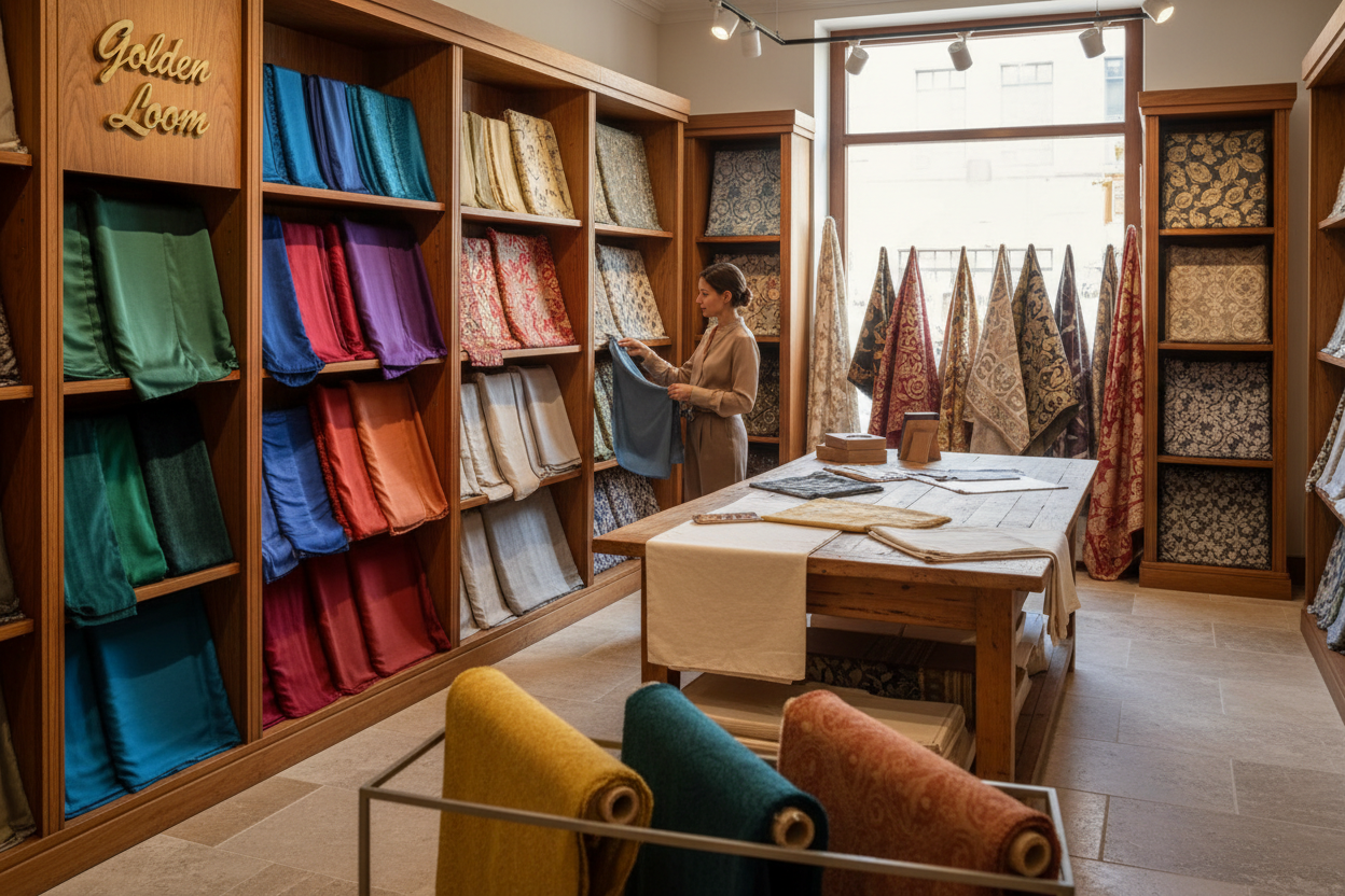 At Golden Loom Fabric Shop, we are passionate about delivering high-quality fabrics that inspire creativity, support innovation, and drive success. Founded on the principles of craftsmanship, integrity, and excellence, Golden Loom has grown into a trusted fabric supplier for designers, manufacturers, and businesses across the United States and beyond. (make it real photo)