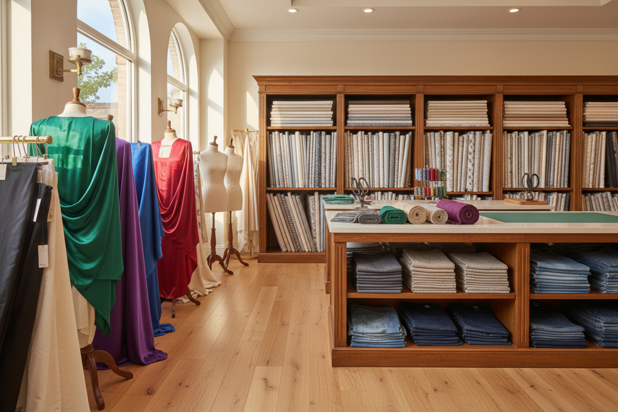 Golden Loom Fabric Shop offers premium-quality fabrics for fashion, home, and manufacturing needs. We supply cotton, silk, denim, and custom textiles with reliable sourcing, competitive pricing, and trusted service for designers and businesses worldwide. (make it real photo)
